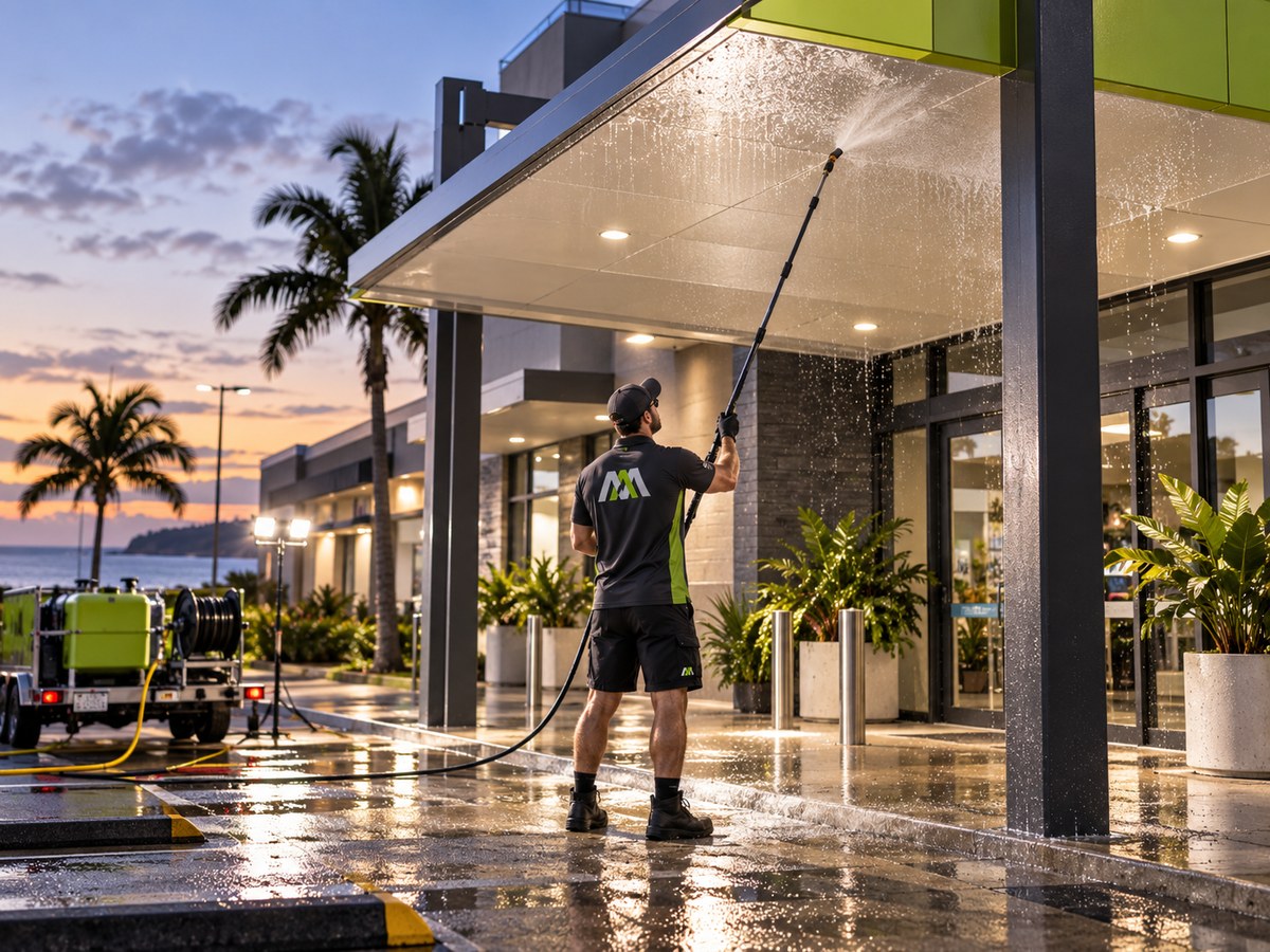 Commercial canopy and shopfront being cleaned at dusk