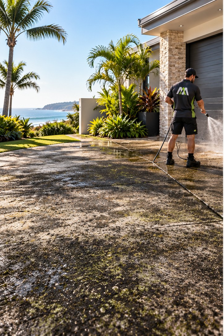 Dirty driveway before cleaning