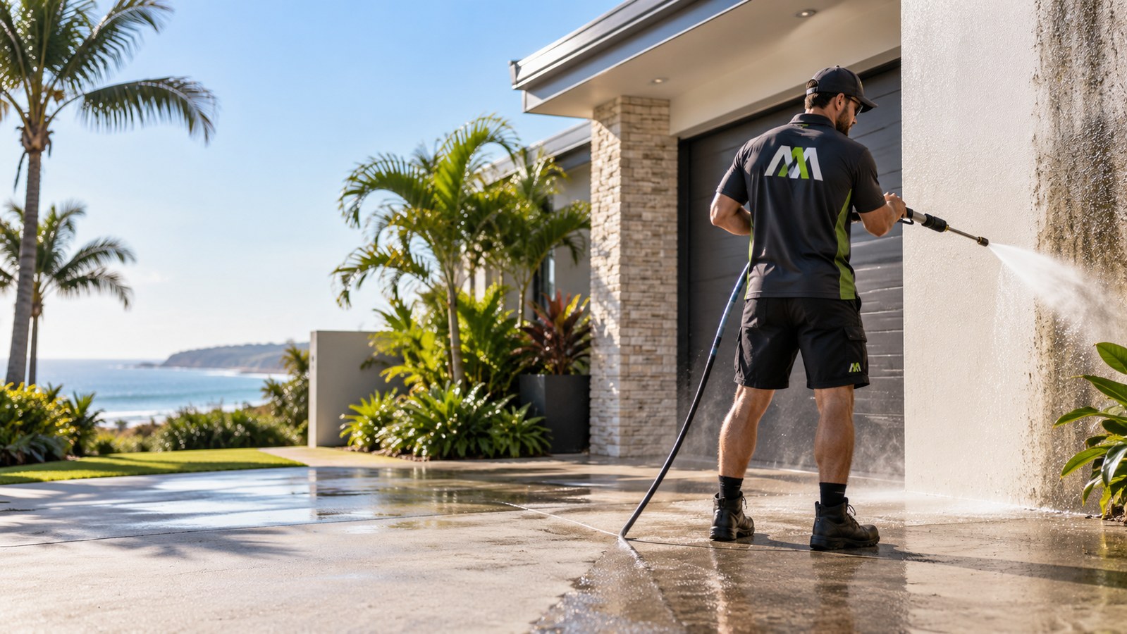 AAA Pressure & Softwashing technician pressure washing a modern coastal home exterior