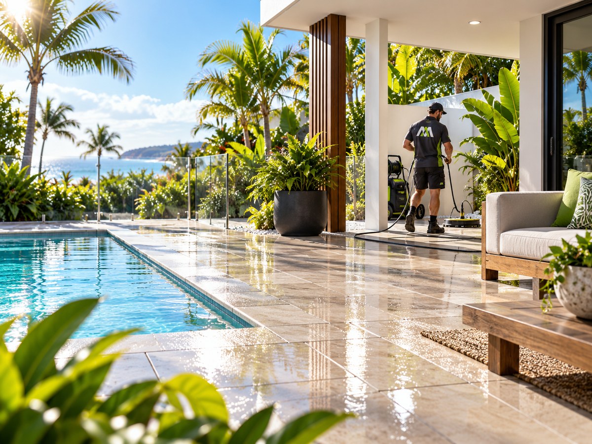 Cleaned poolside patio at a modern coastal home