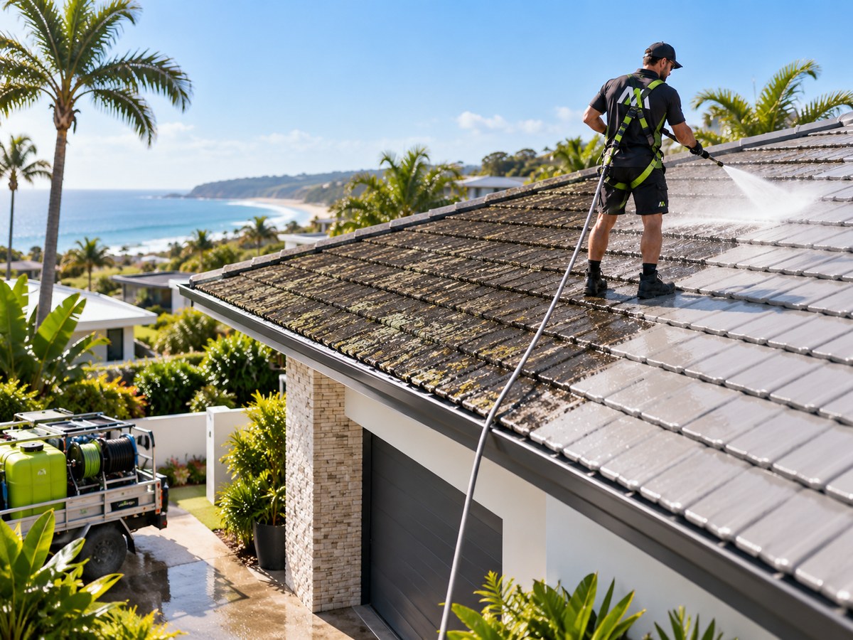Technician soft washing a roof with visible clean contrast