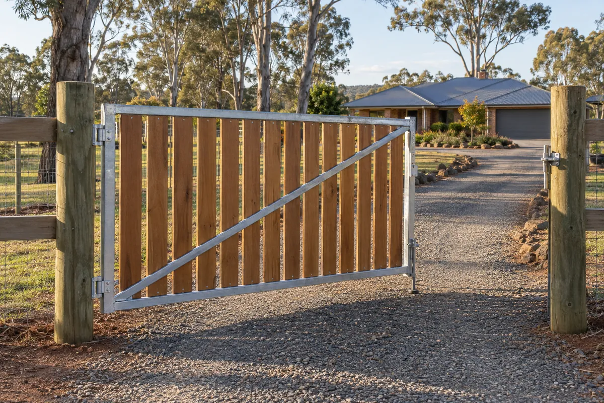 A galvanised steel and timber driveway gate between two timber posts