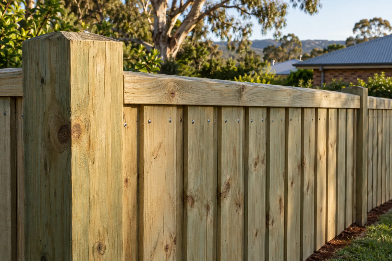 Close-up of a timber paling fence showing the post, capping rail and palings