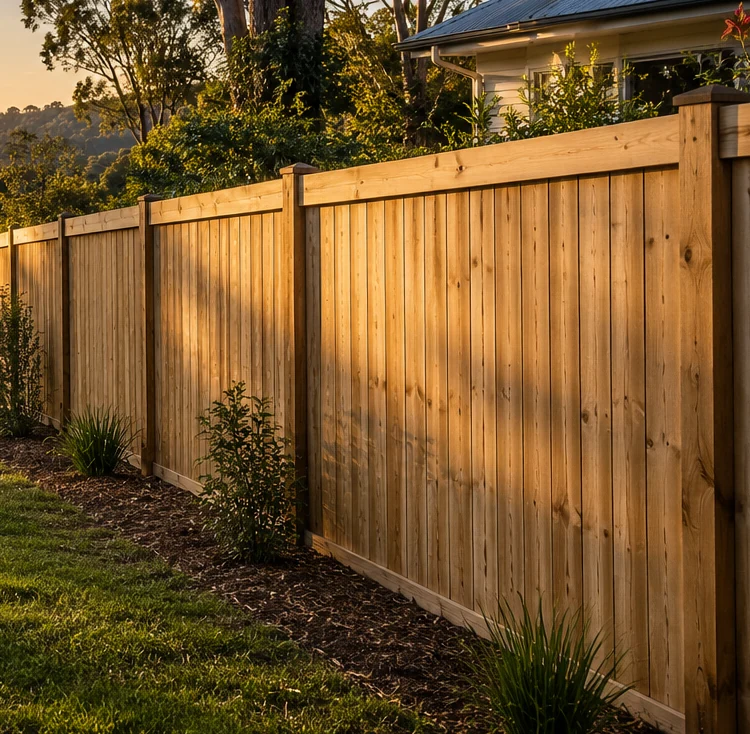 Natural timber boundary fence beside a garden