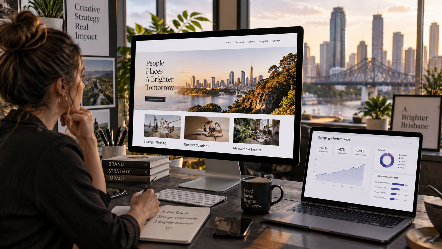 Premium workspace with desktop monitor and laptop showing web design and campaign performance