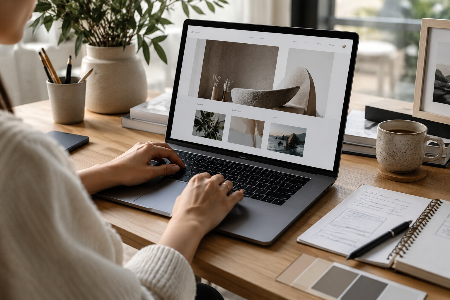 Designer working on a laptop with a clean website interface