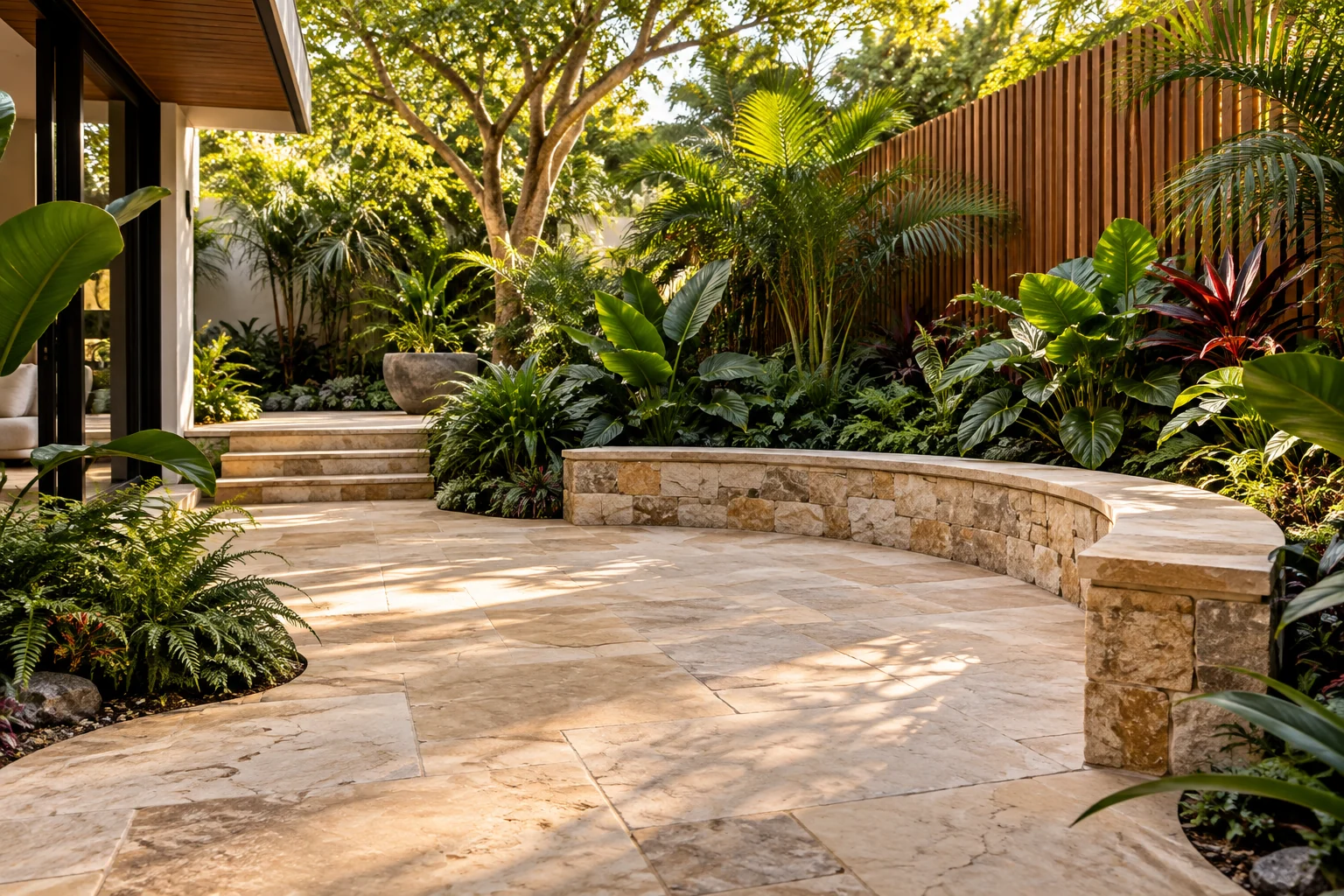 Concept of a quiet courtyard with stone paving and subtropical plants