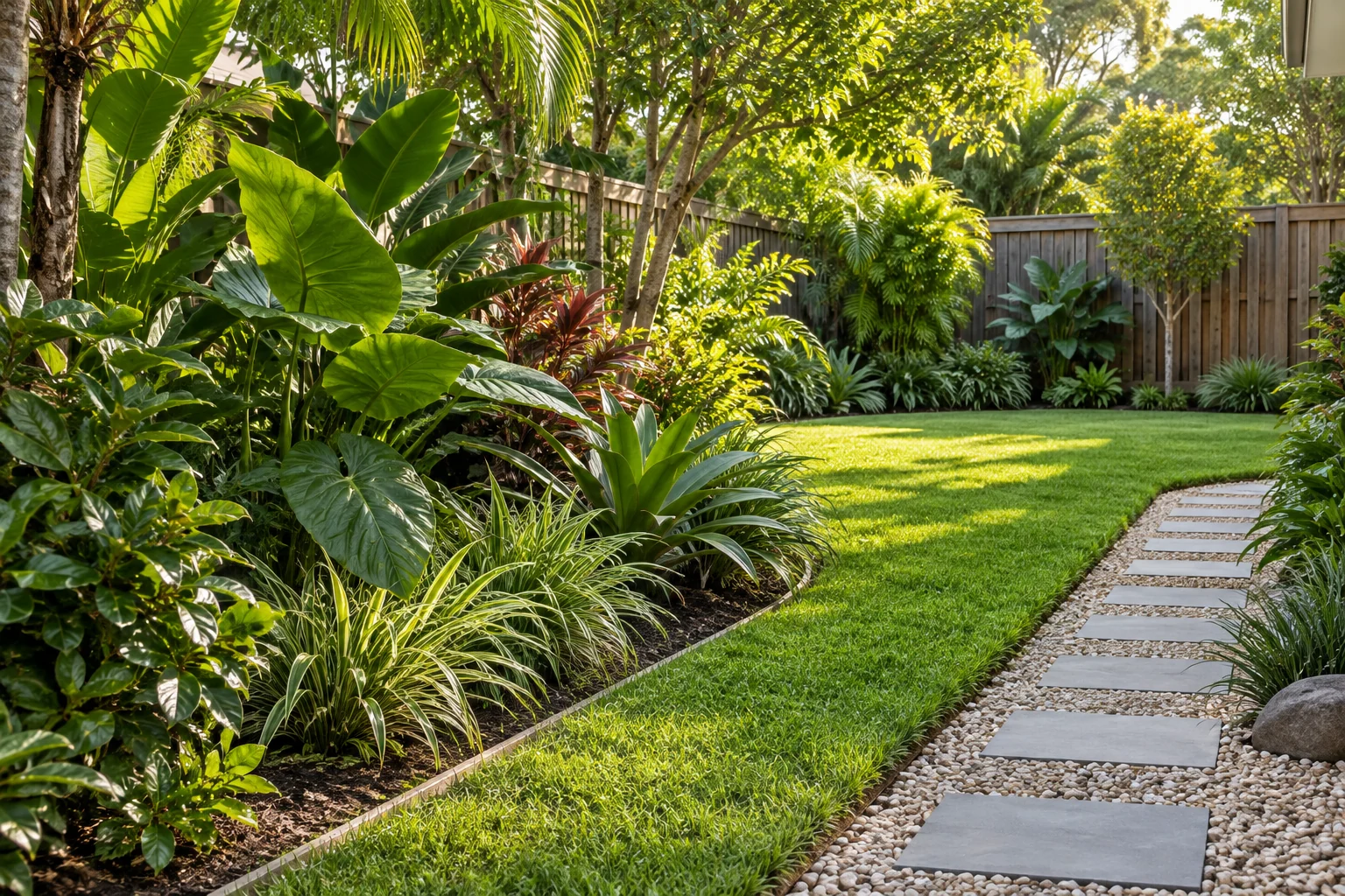 Garden-care concept showing carefully edged lawn and healthy foliage