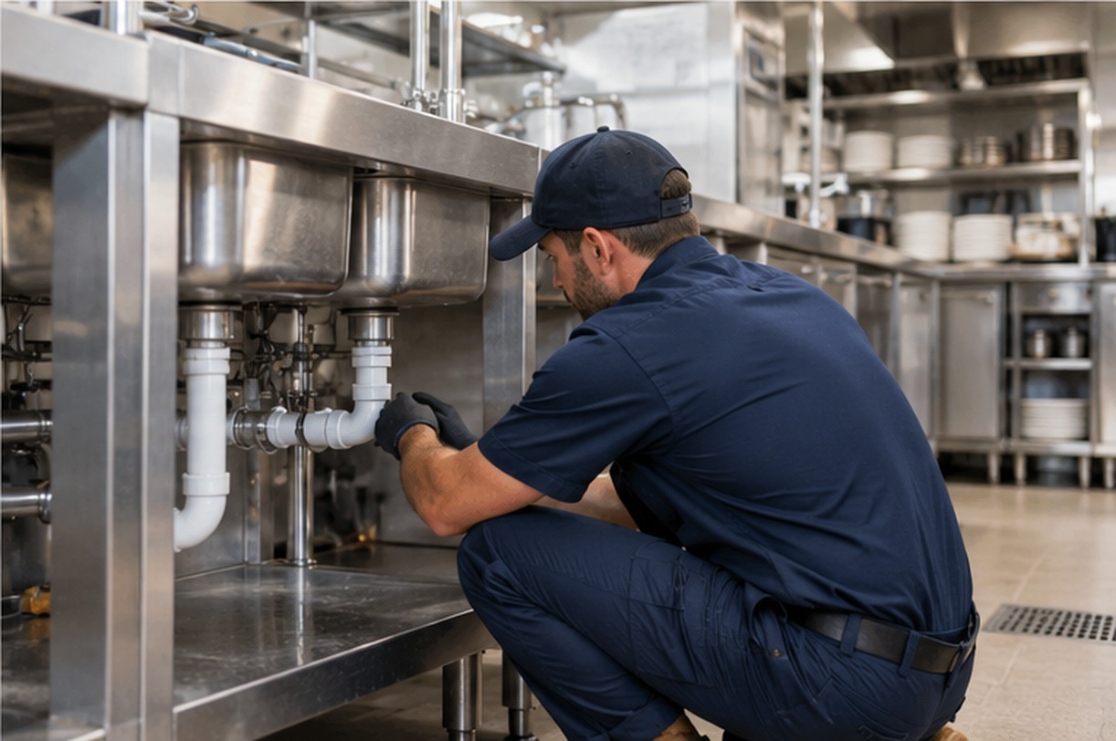 Plumber working on commercial kitchen plumbing