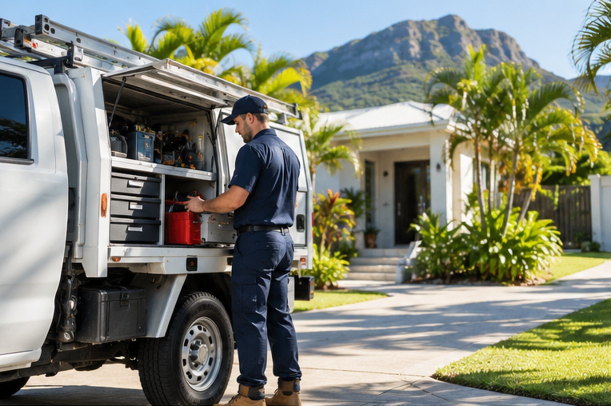 Plumber preparing equipment beside a service vehicle at a tropical Queensland home