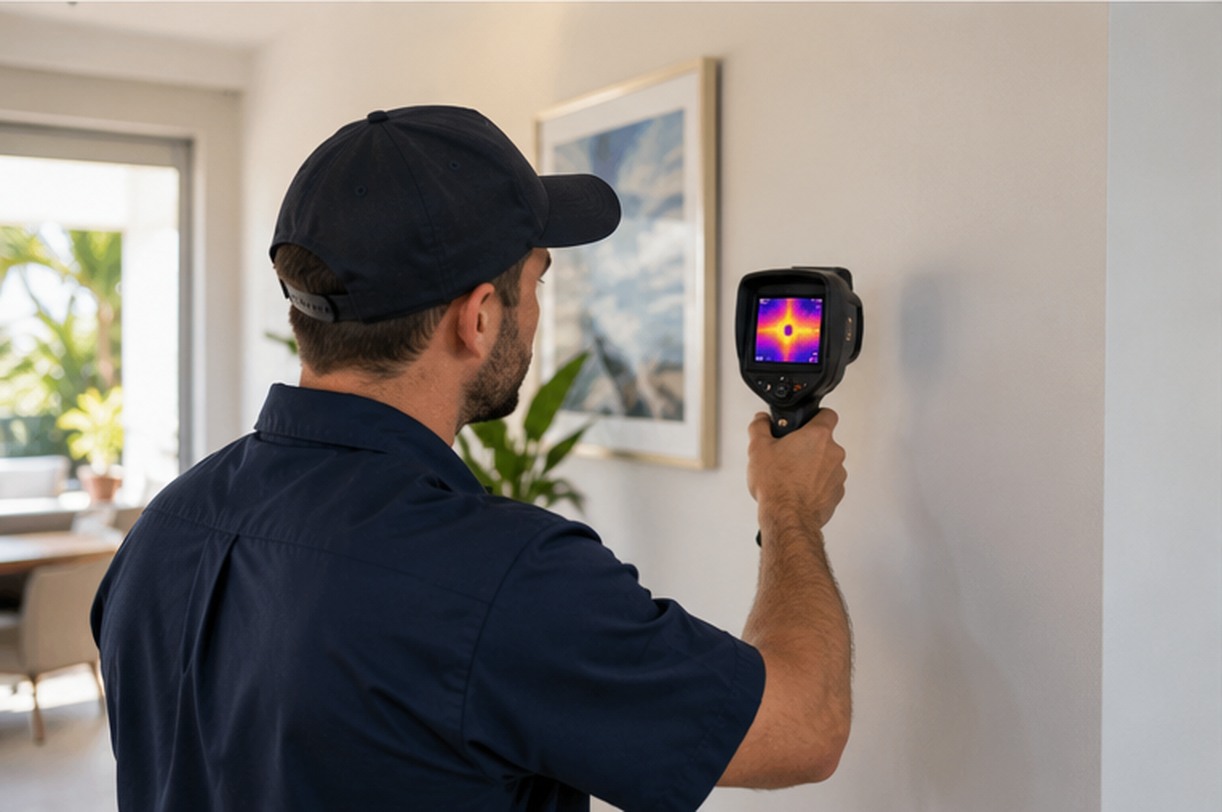 Plumber using thermal imaging equipment for leak detection