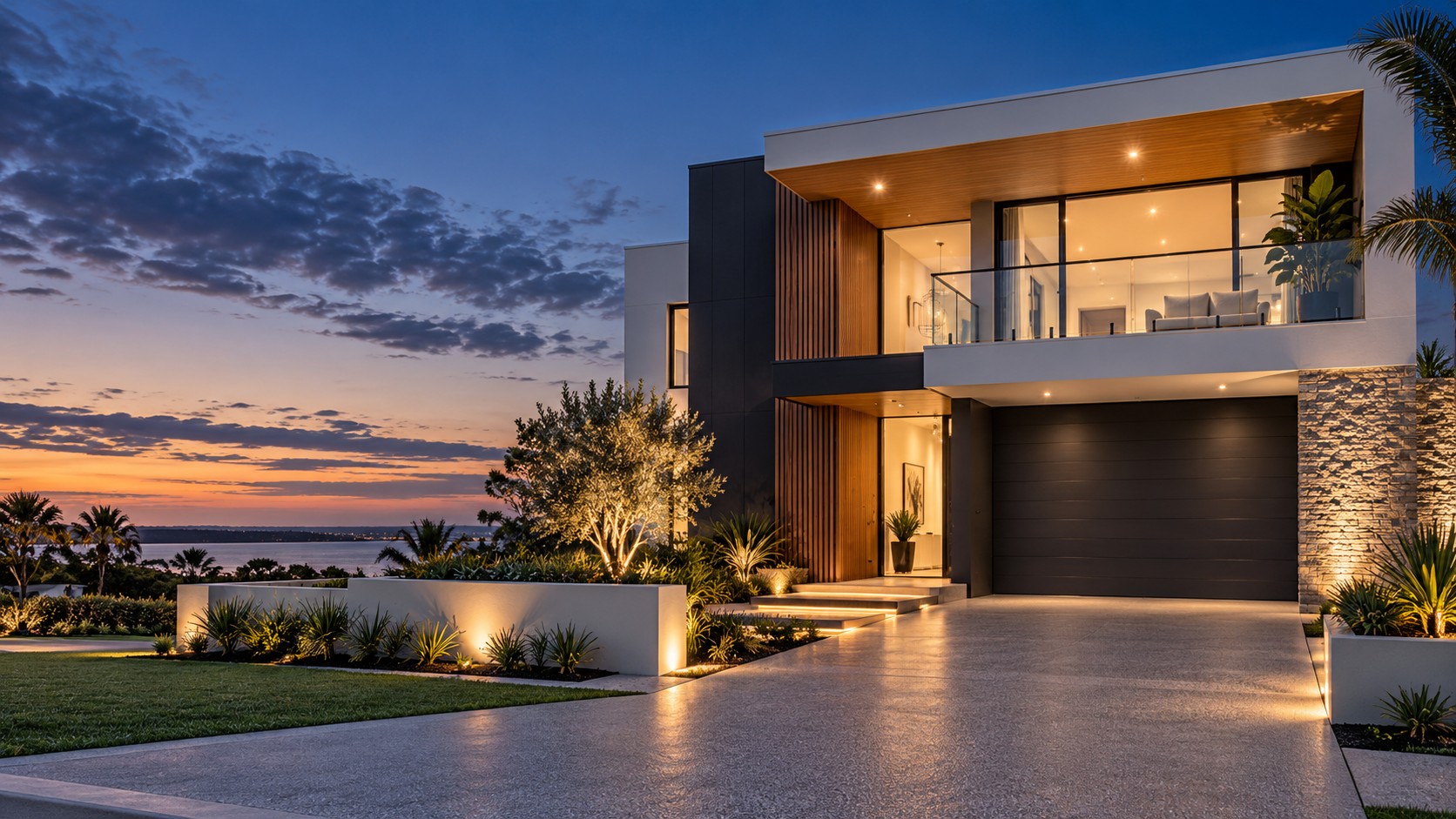 Luxury CRJ-inspired custom home exterior at dusk