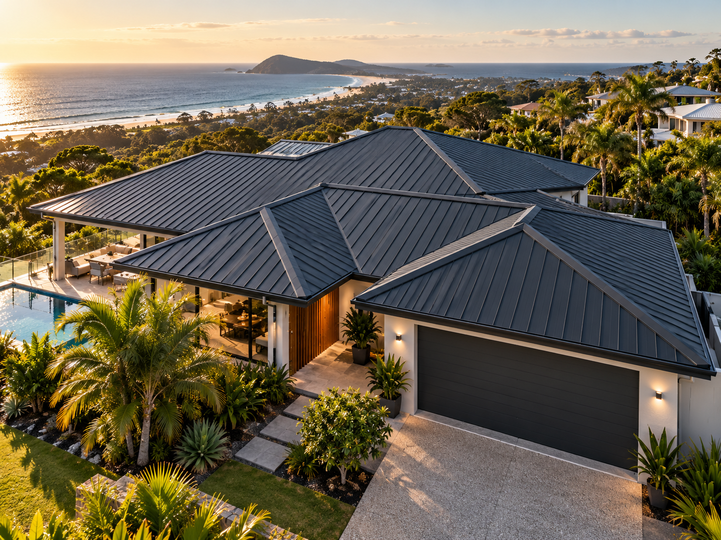 Premium coastal roofing project at sunset