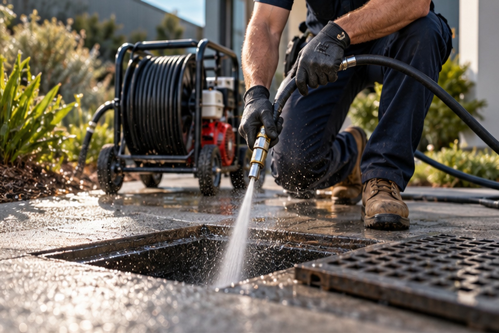 Plumber clearing a drain with professional jetting equipment