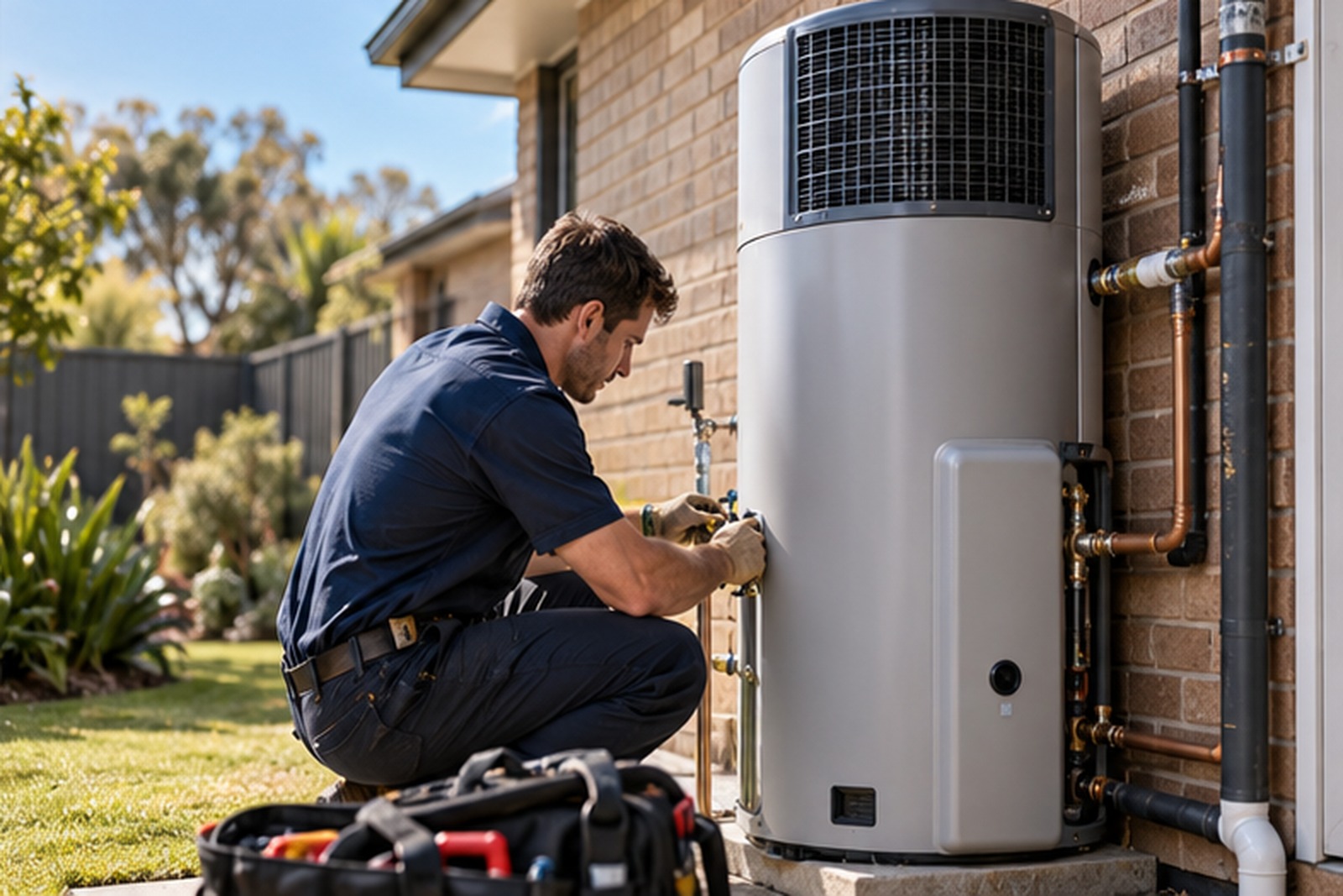 Plumber servicing a modern hot water system