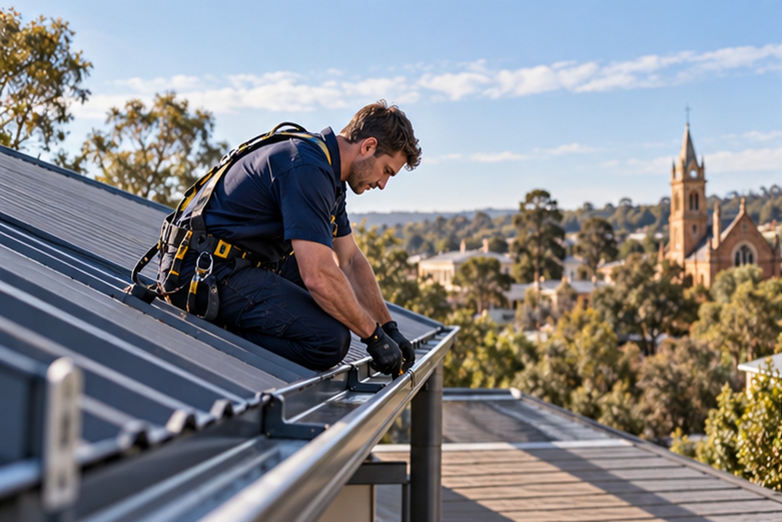 Roof plumber working on metal roofing and guttering