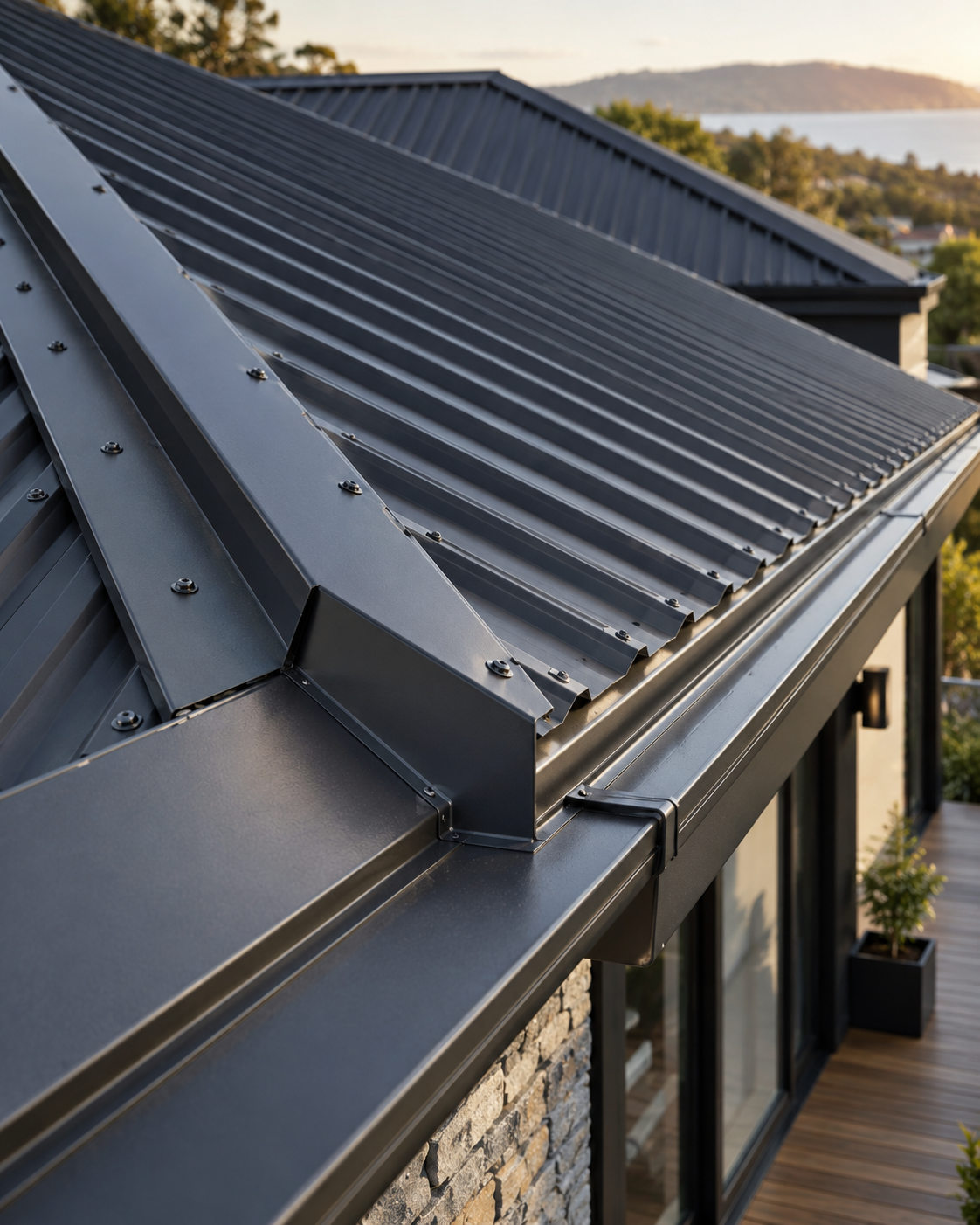 Close-up of premium dark metal roof detail and gutters