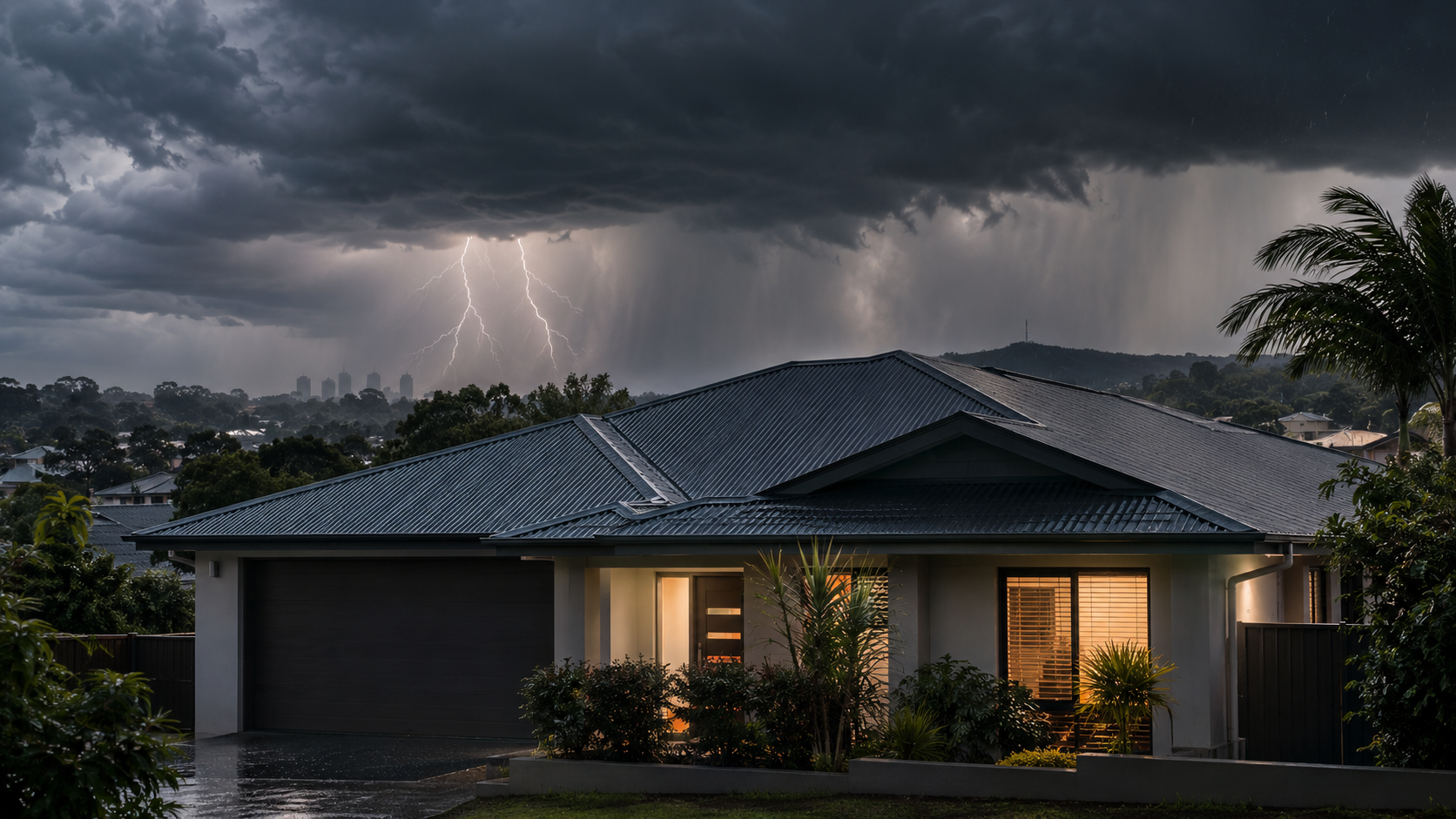 Suburban roof under a dramatic storm, representing storm damage inspections