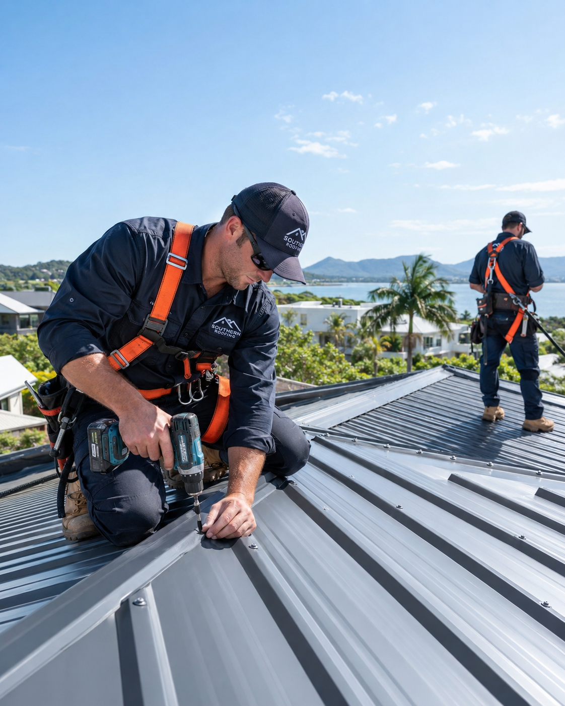 Professional roofers working on a modern metal roof