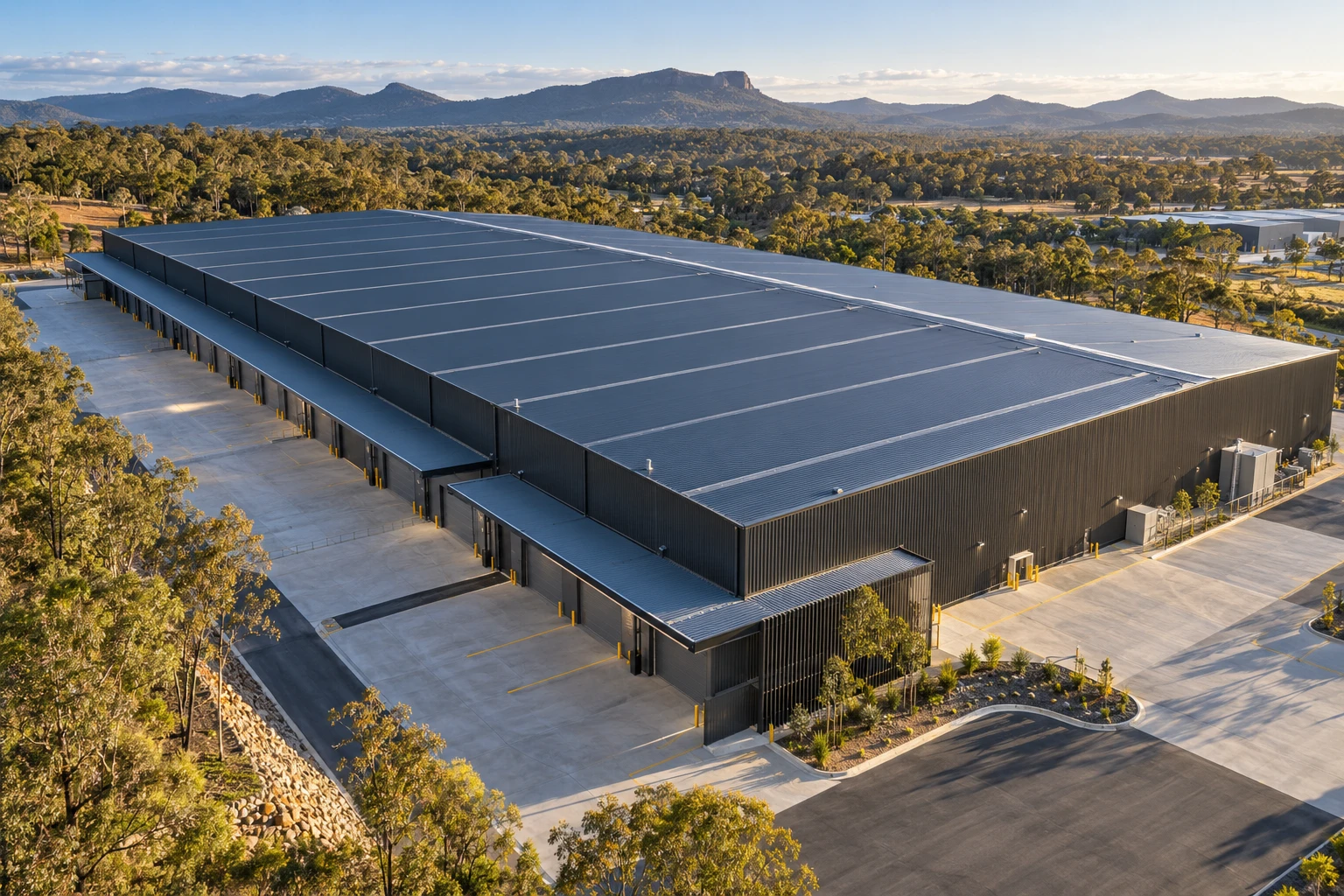 Illustrative large commercial building with precision metal roofing