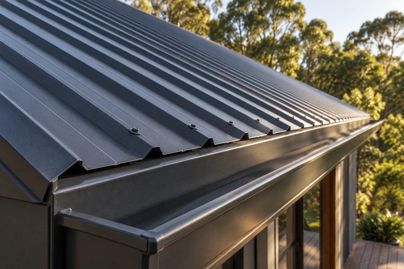 Illustrative close-up of corrugated metal roof sheets and carefully finished flashing