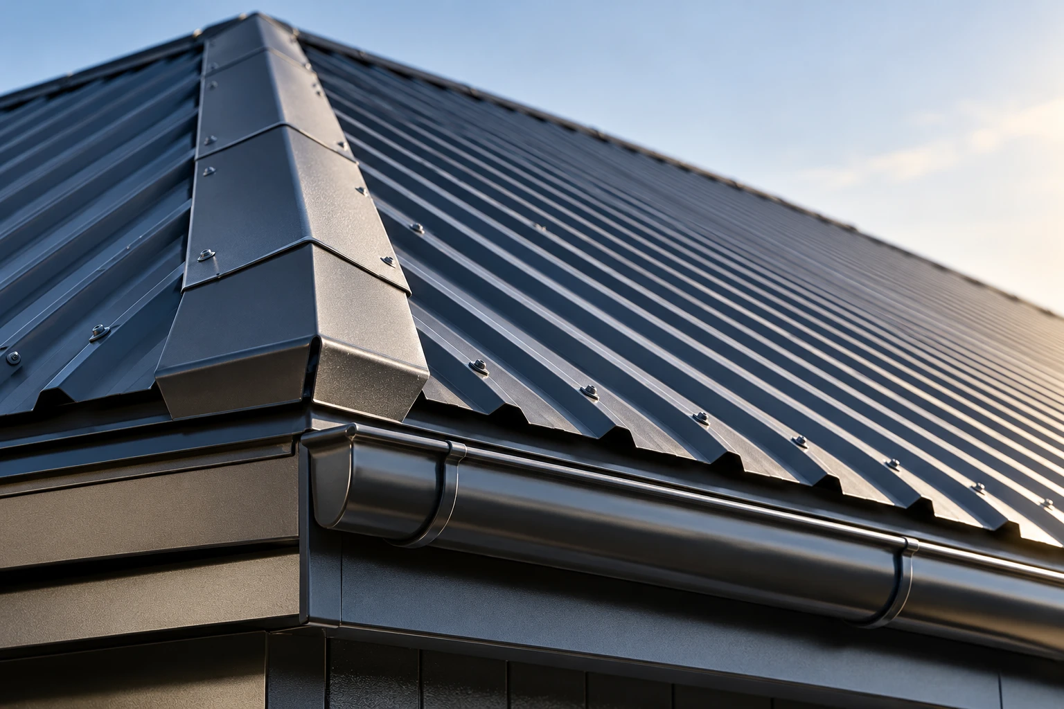 Illustrative close-up of corrugated metal roofing and flashing