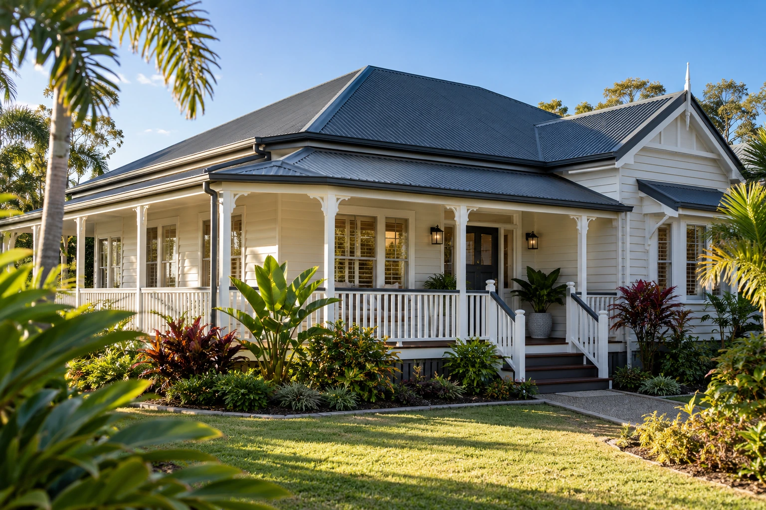 Illustrative Queensland home with a charcoal metal roof and verandah