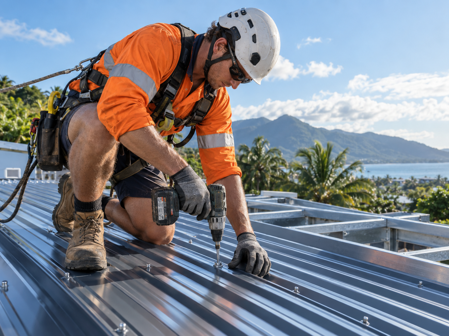 Roof installer securing metal panels