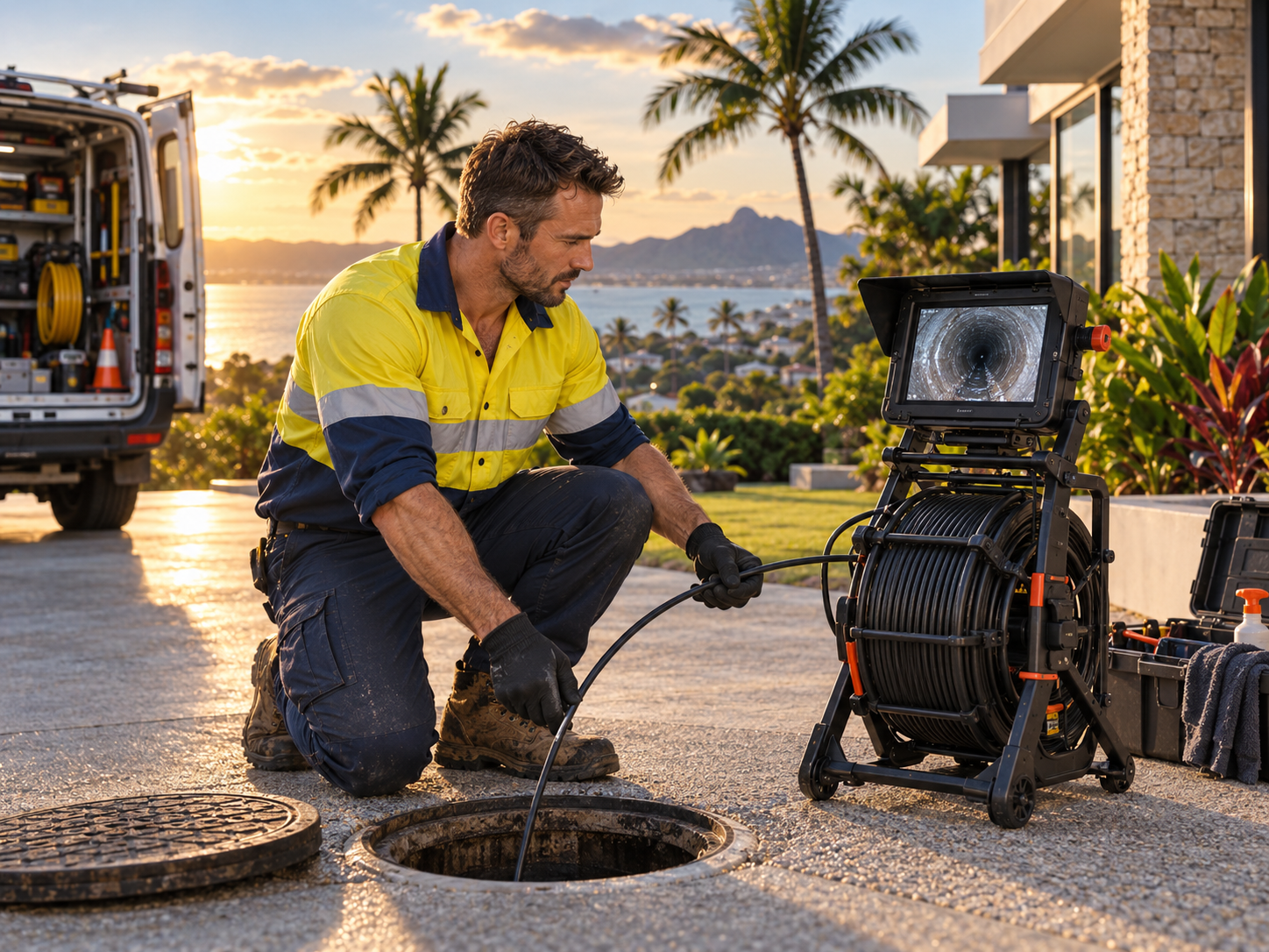 Technician performing a CCTV drain inspection at a home