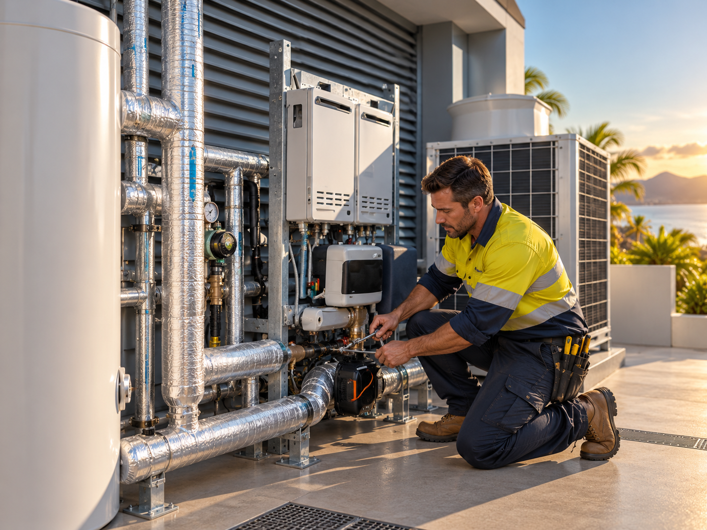 Commercial plumbing plant room maintained by a technician