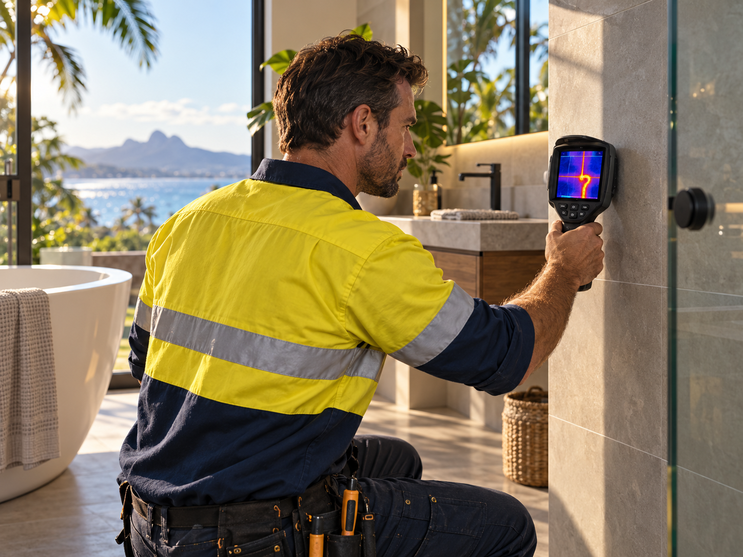 Technician using thermal imaging camera to inspect a bathroom wall