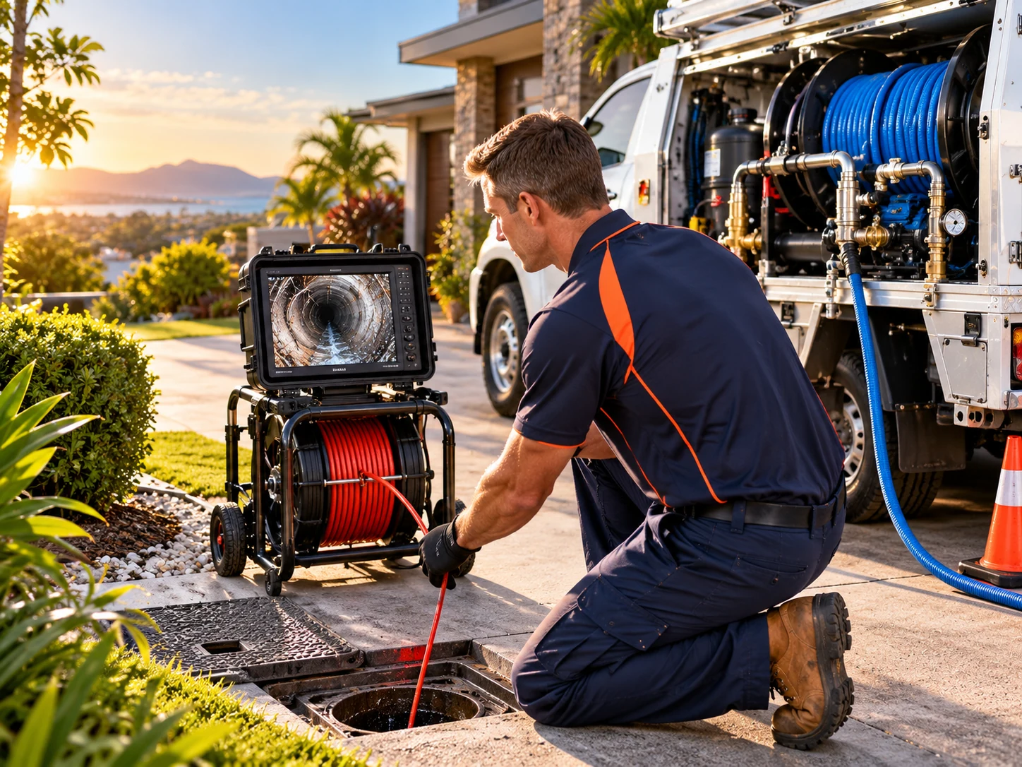 Technician using CCTV drain inspection equipment beside residential drain access