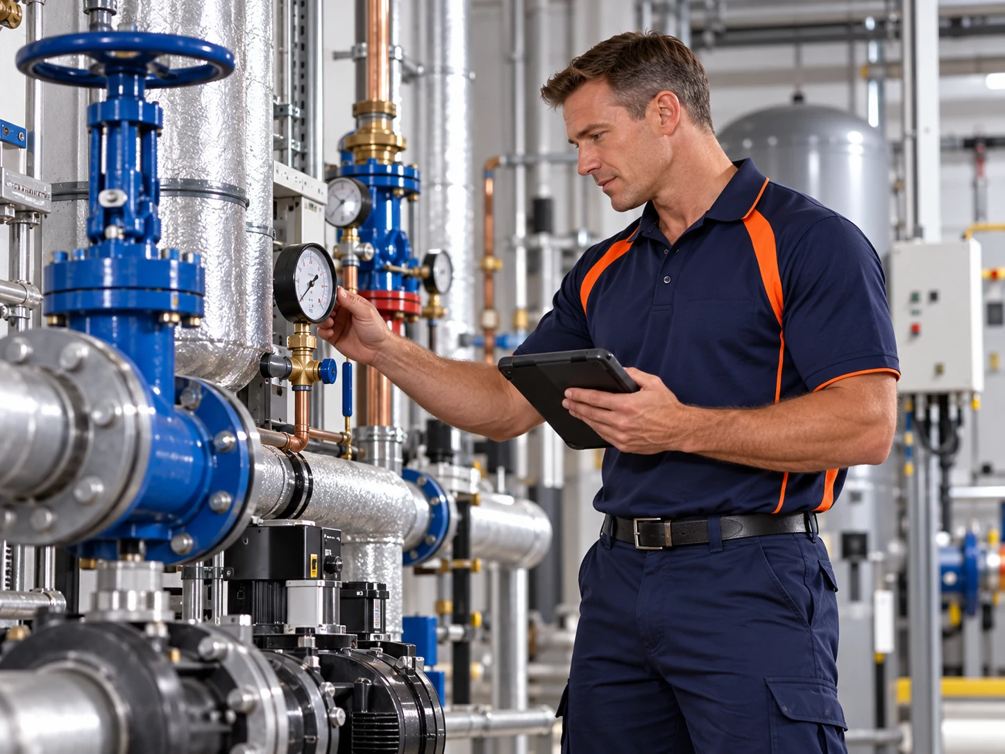 Technician inspecting gauges in a plant room