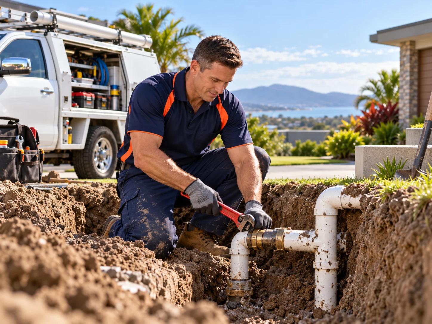 Plumber working in an outdoor trench repairing underground pipes