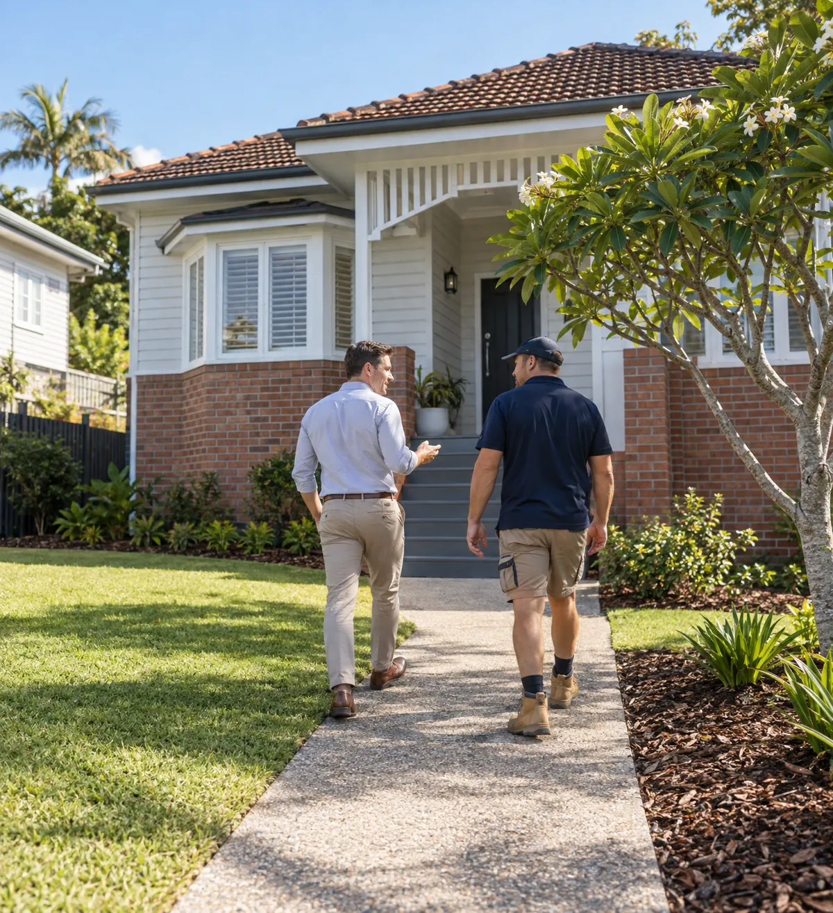 An agent and a presale tradesman walking up the front path of a freshly presented Brisbane home