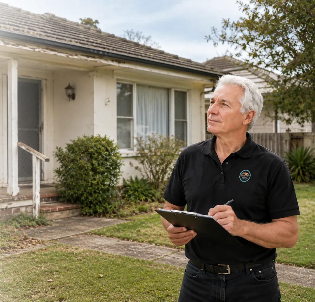 A presale assessment underway outside a Brisbane home, notes on a clipboard
