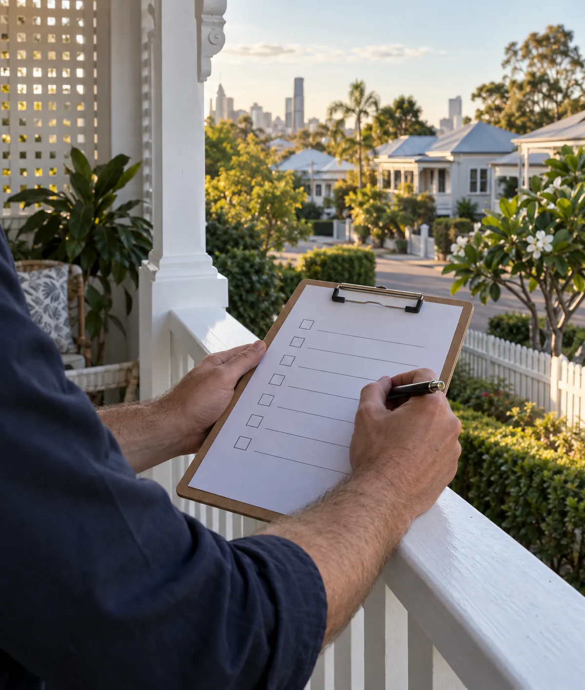 A presale checklist on a clipboard resting on a Queenslander verandah rail
