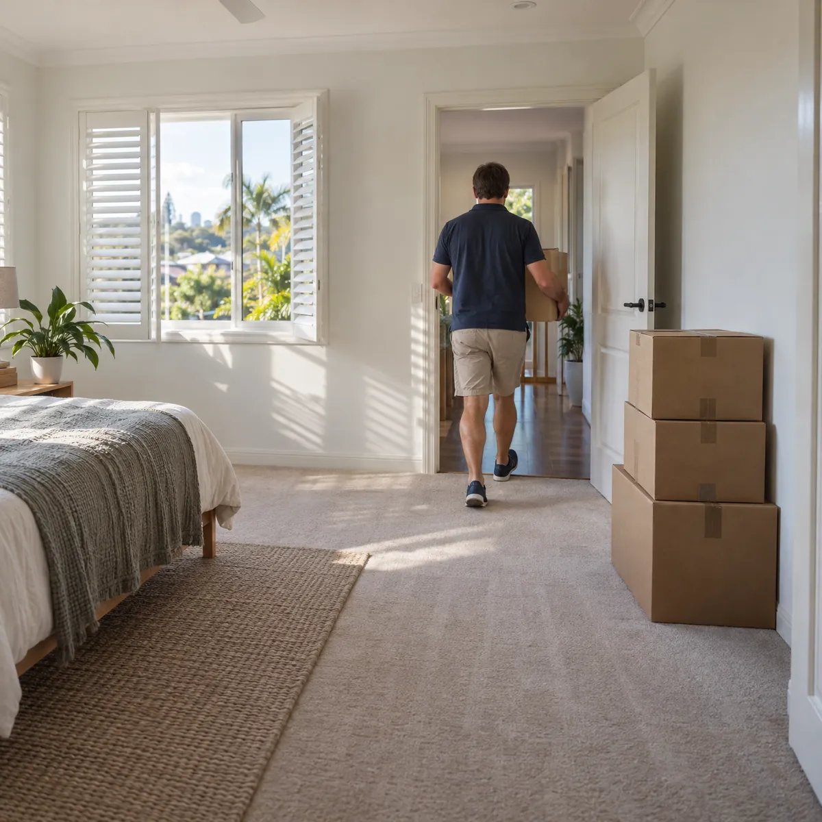 Packed boxes stacked by the door of a bright bedroom during a presale clear-out