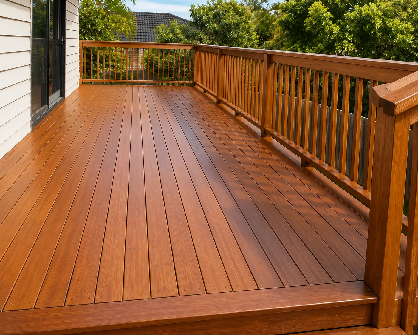 A freshly oiled timber deck and balustrade on a Brisbane home