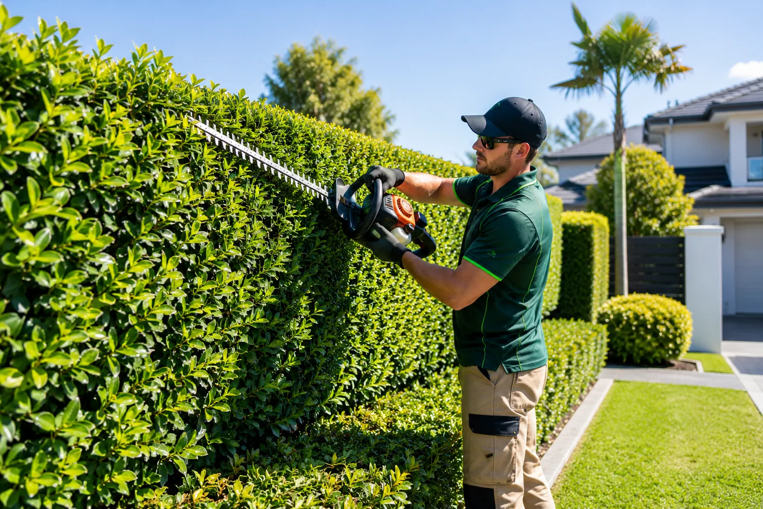 A gardener trimming a front hedge outside a Brisbane home