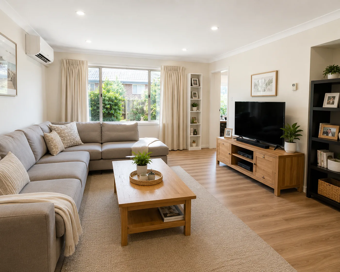 The same living room cleared, cleaned and presented