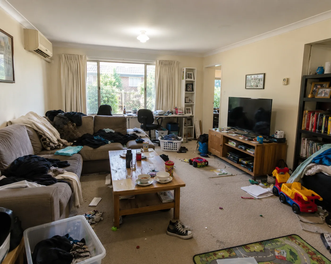 A cluttered living room before presale cleaning and clearing