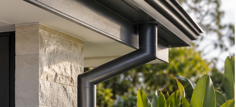 Close-up detail of a charcoal gutter and downpipe system