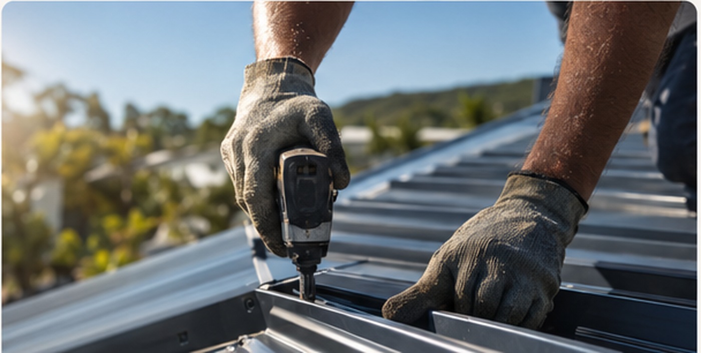 Roofer fastening metal roofing