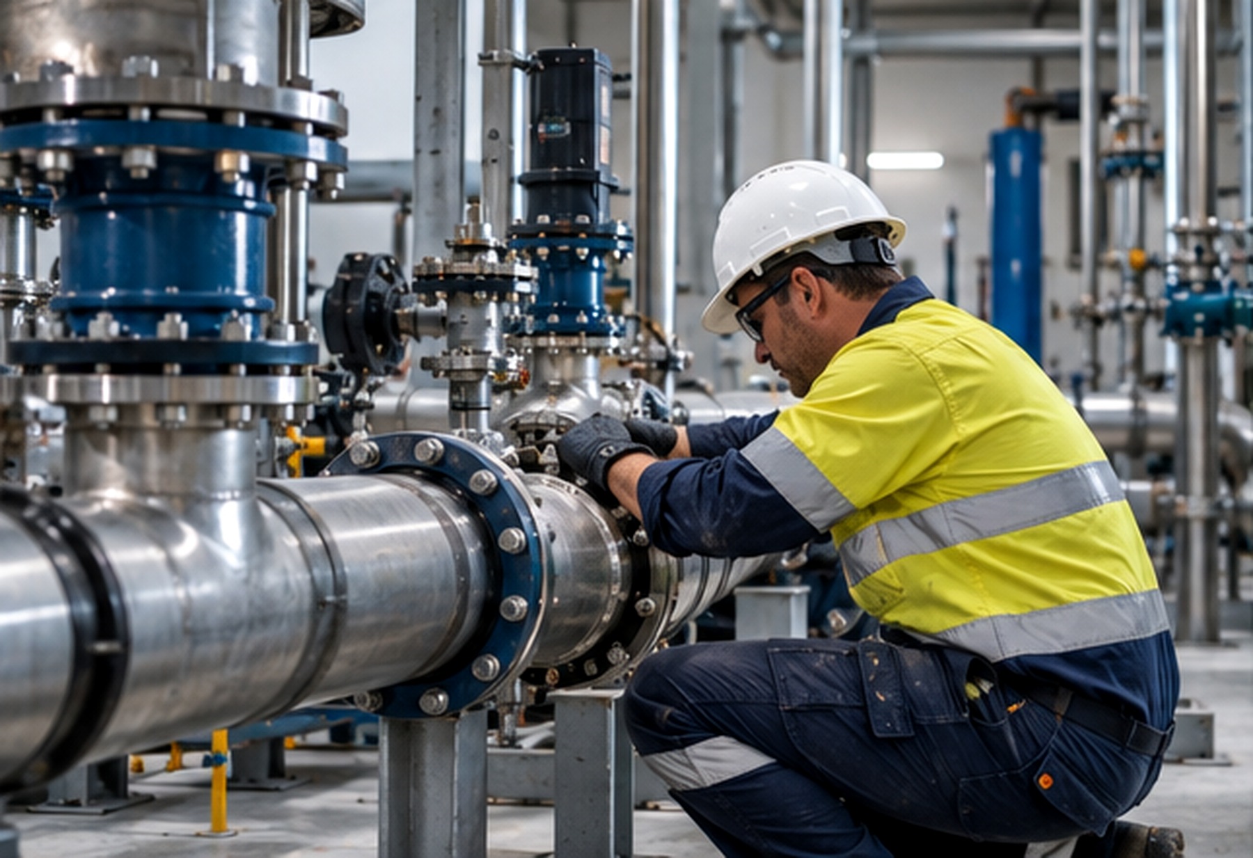 Commercial plumbing technician working on industrial pipework