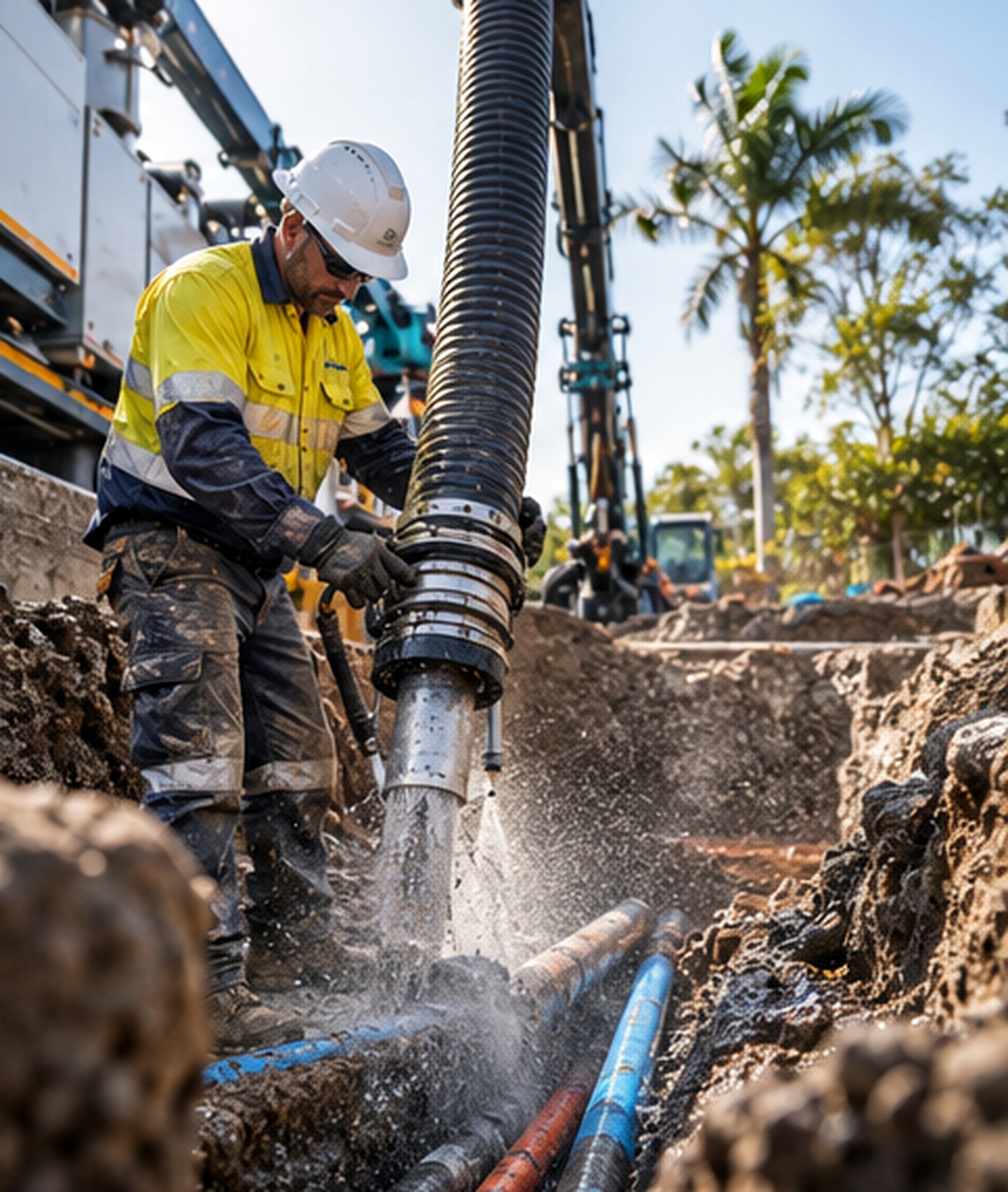 Hydro excavation exposing underground services