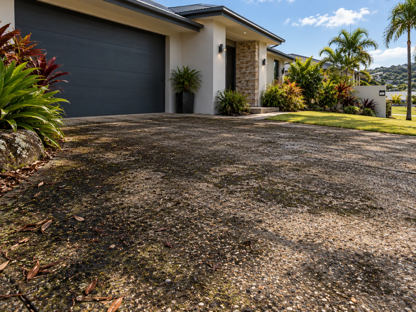 Before pressure cleaning stained driveway