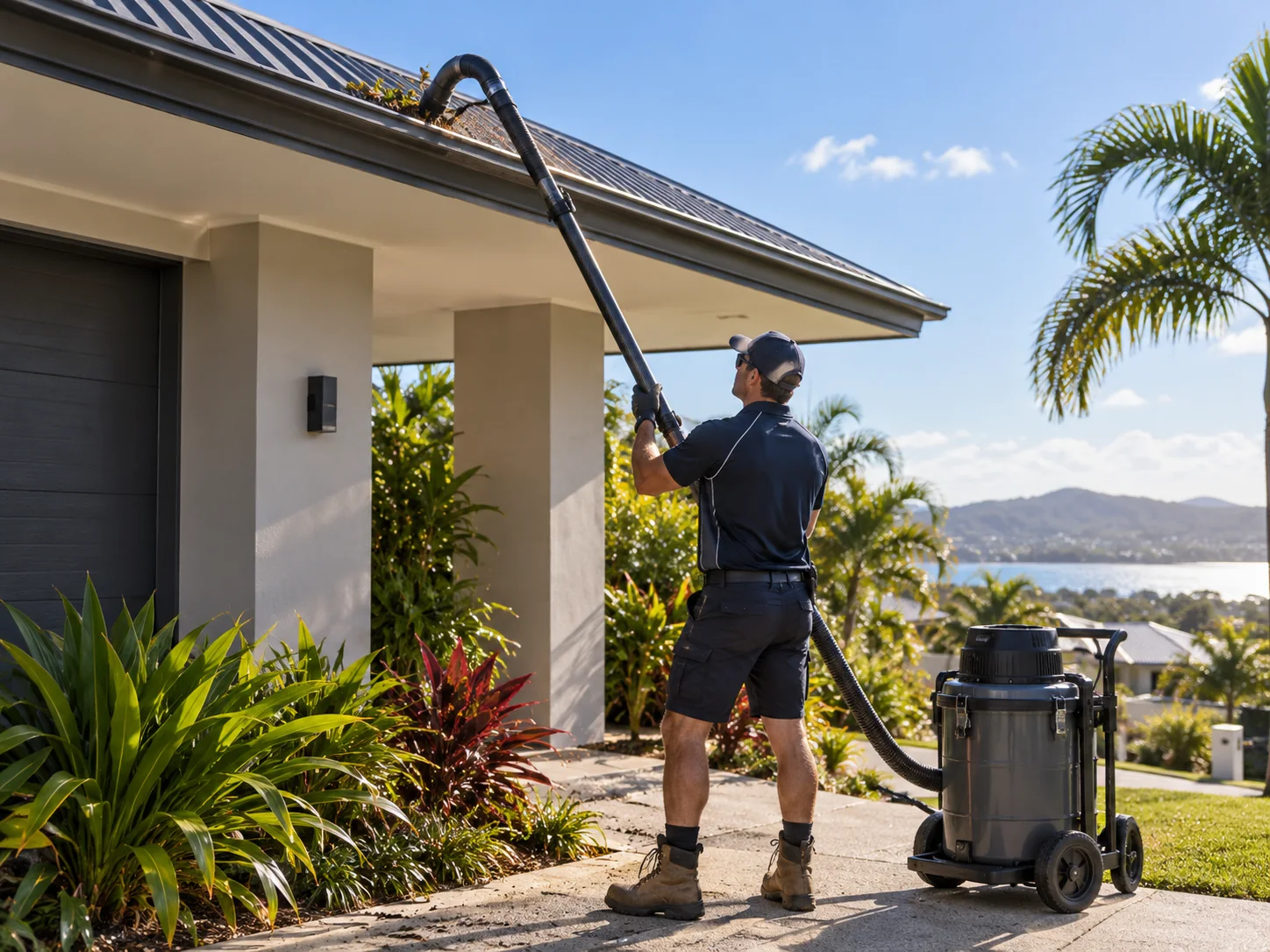 Gutter vacuuming at a modern home